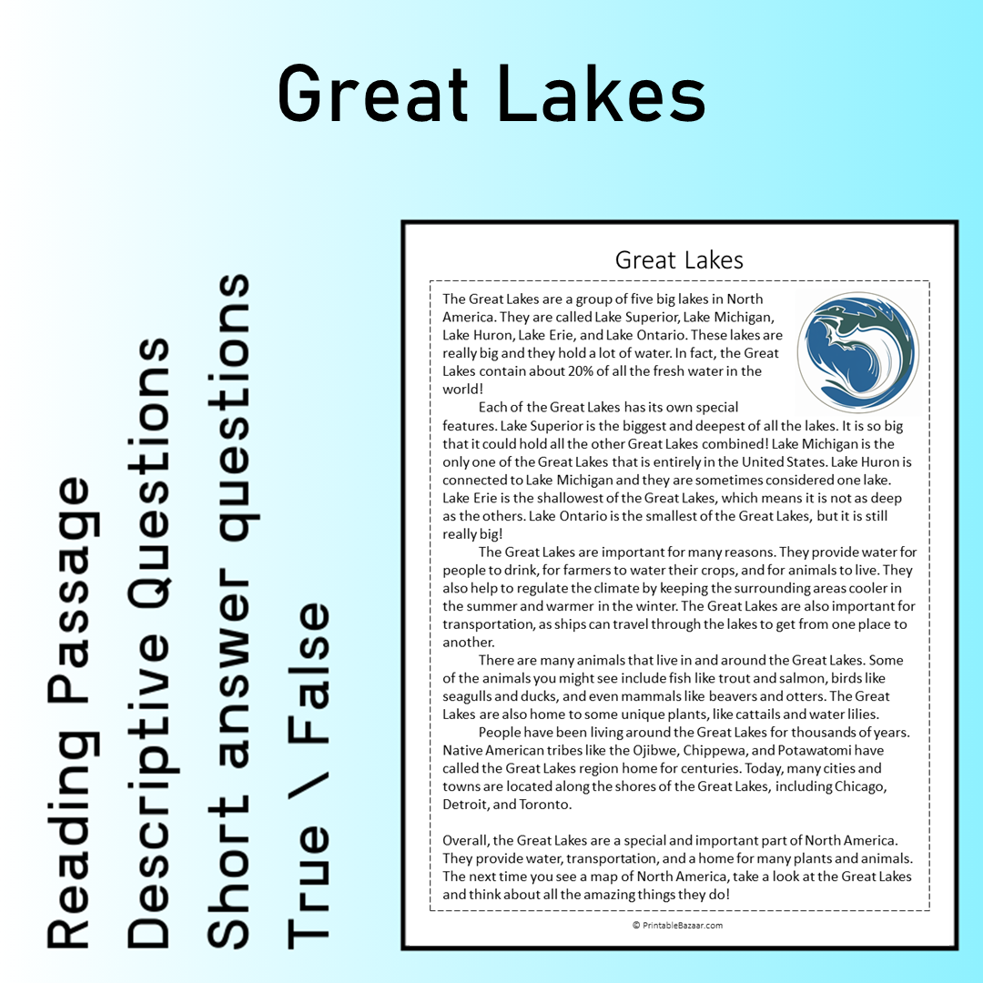Great Lakes | Reading Comprehension Passage Printable Worksheet