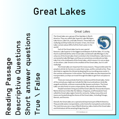 Great Lakes | Reading Comprehension Passage Printable Worksheet