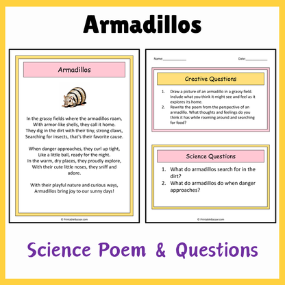 Armadillos | Science Poem Reading Comprehension Activity