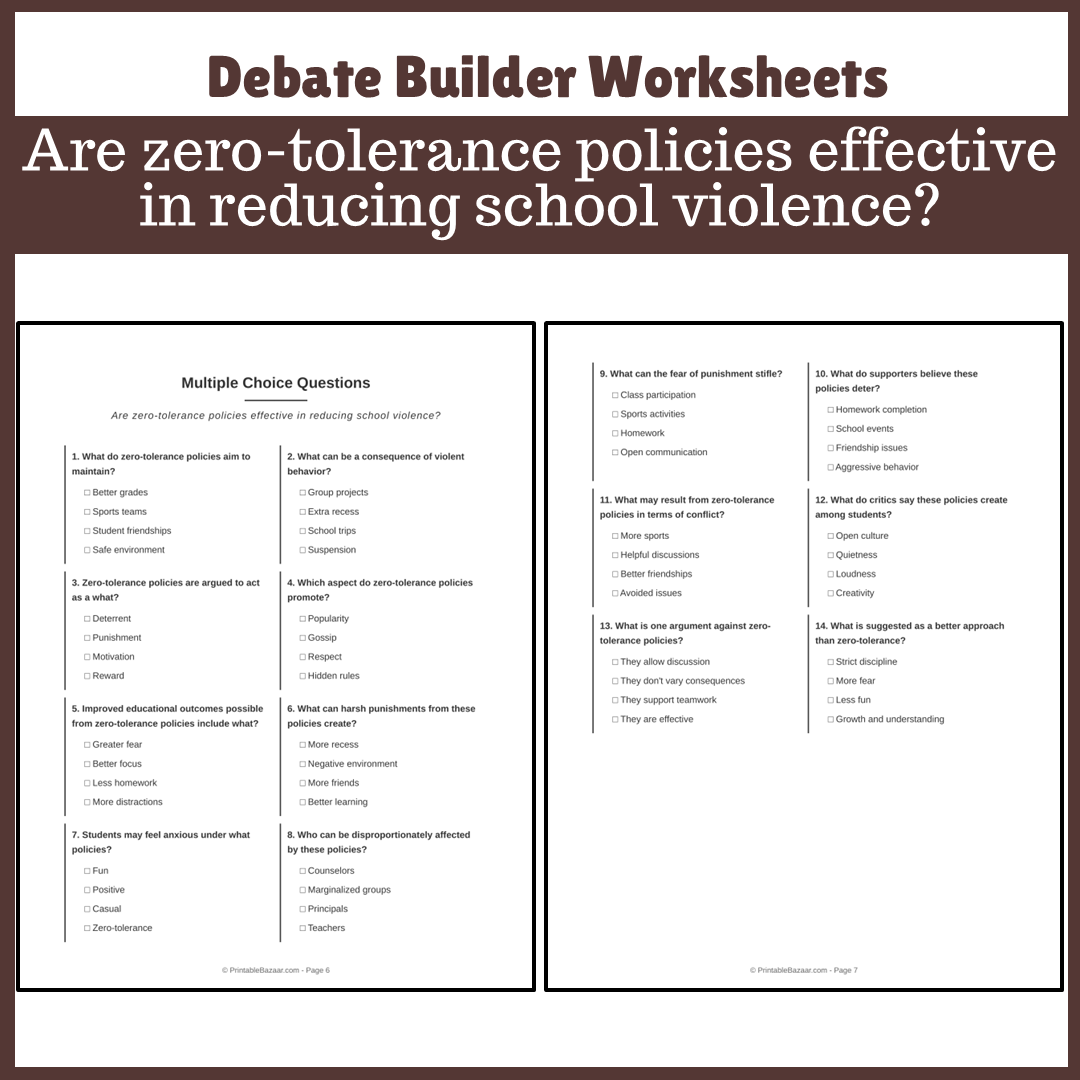 Are zero-tolerance policies effective in reducing school violence? | Favour and Against Worksheet Printable Activity