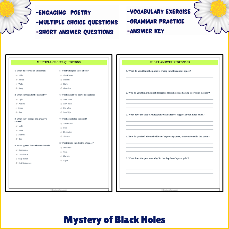 Mystery of Black Holes | Poem Grammar Worksheet Printable Activity