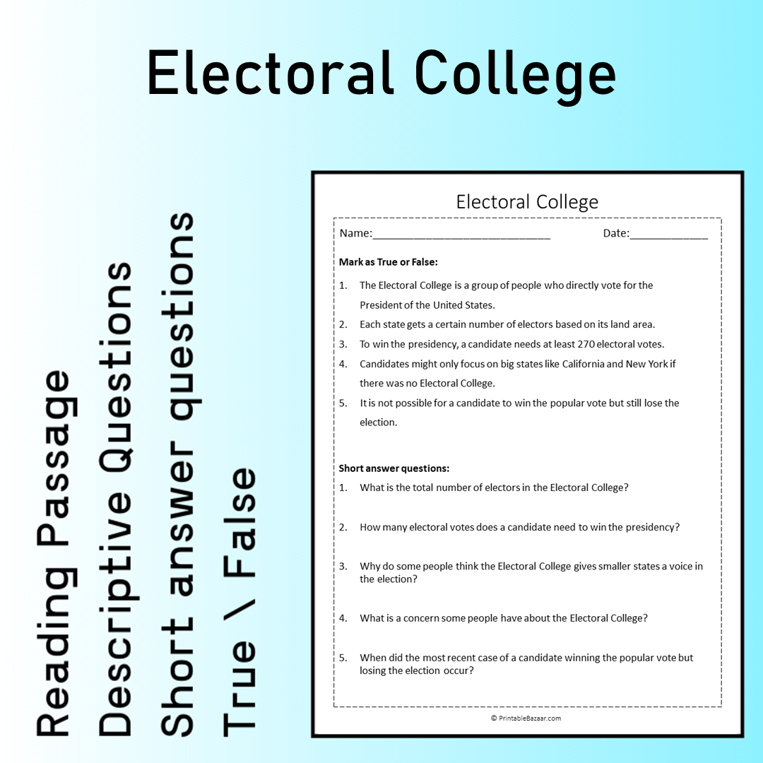 Electoral College | Reading Comprehension Passage Printable Worksheet