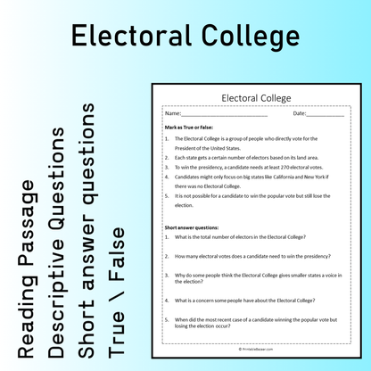 Electoral College | Reading Comprehension Passage Printable Worksheet