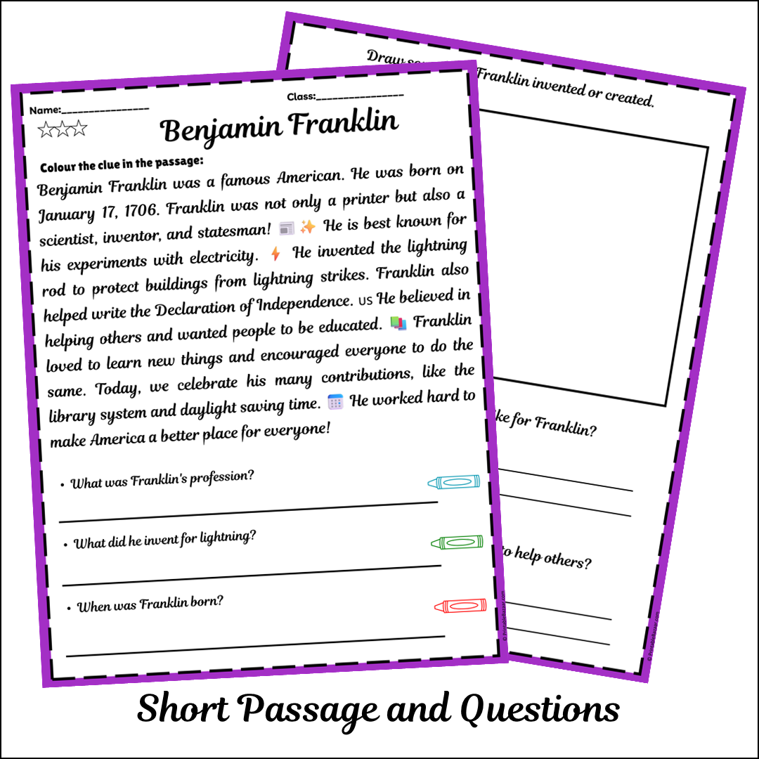 Benjamin Franklin | Short Reading Comprehension Creative Worksheet