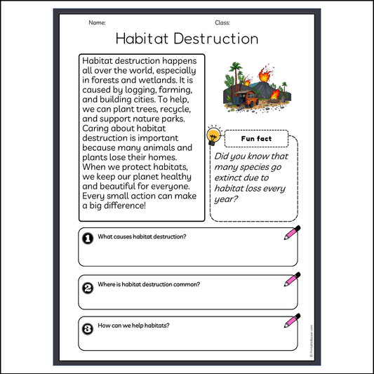 Habitat Destruction | Reading Passage Comprehension Questions Writing Facts Worksheet