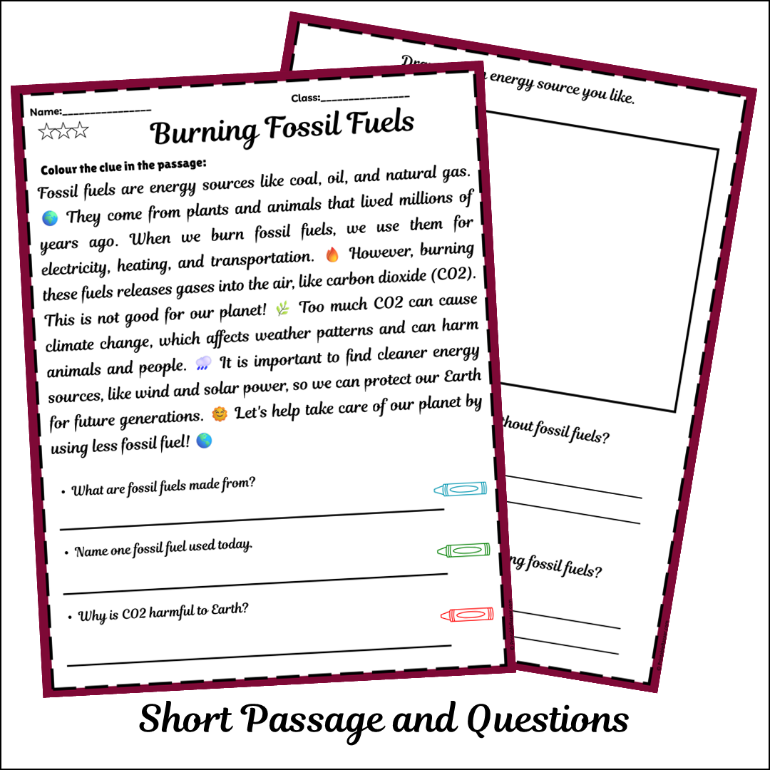 Burning Fossil Fuels | Short Reading Comprehension Creative Worksheet