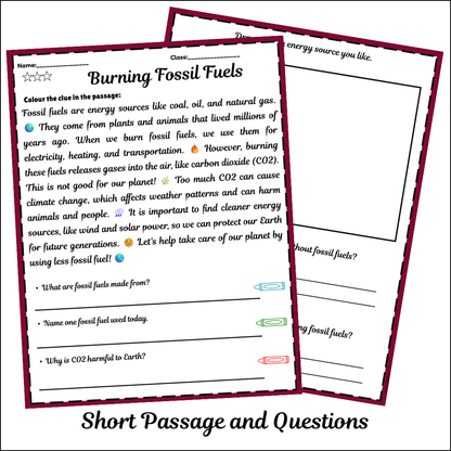 Burning Fossil Fuels | Short Reading Comprehension Creative Worksheet
