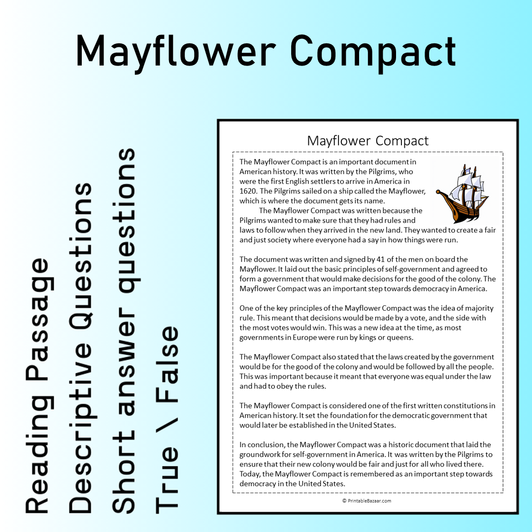Mayflower Compact | Reading Comprehension Passage Printable Worksheet