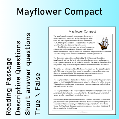 Mayflower Compact | Reading Comprehension Passage Printable Worksheet