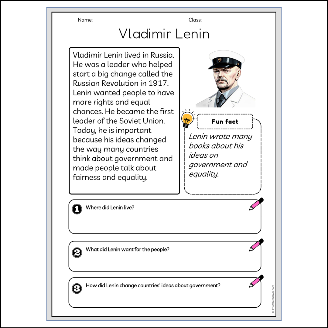 Vladimir Lenin | Reading Passage Comprehension Questions Writing Facts Worksheet