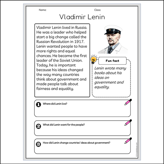 Vladimir Lenin | Reading Passage Comprehension Questions Writing Facts Worksheet