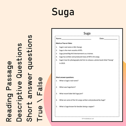 Suga | Reading Comprehension Passage Printable Activity