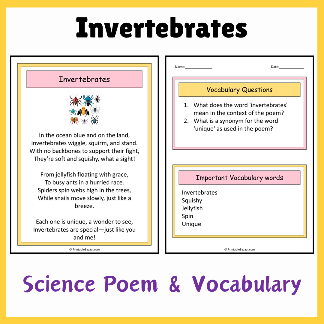 Invertebrates | Science Poem Reading Comprehension Activity