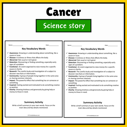Cancer | Science Story Reading Comprehension Activity