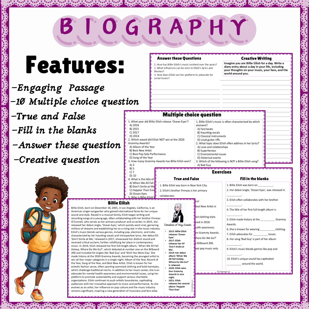 Billie Eilish | Biography Reading Comprehension and Questions Worksheet