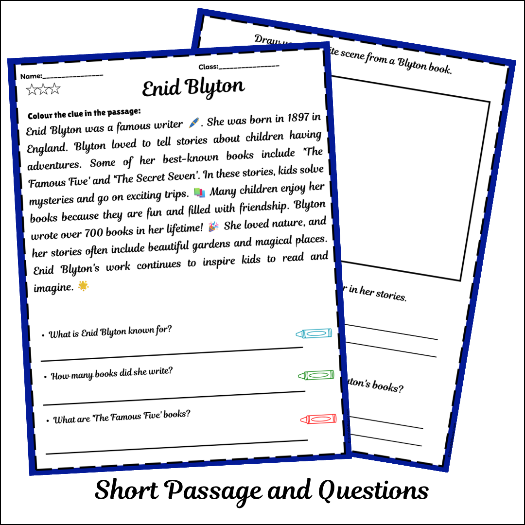 Enid Blyton | Short Reading Comprehension Creative Worksheet