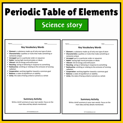 Periodic Table of Elements | Science Story Reading Comprehension Activity