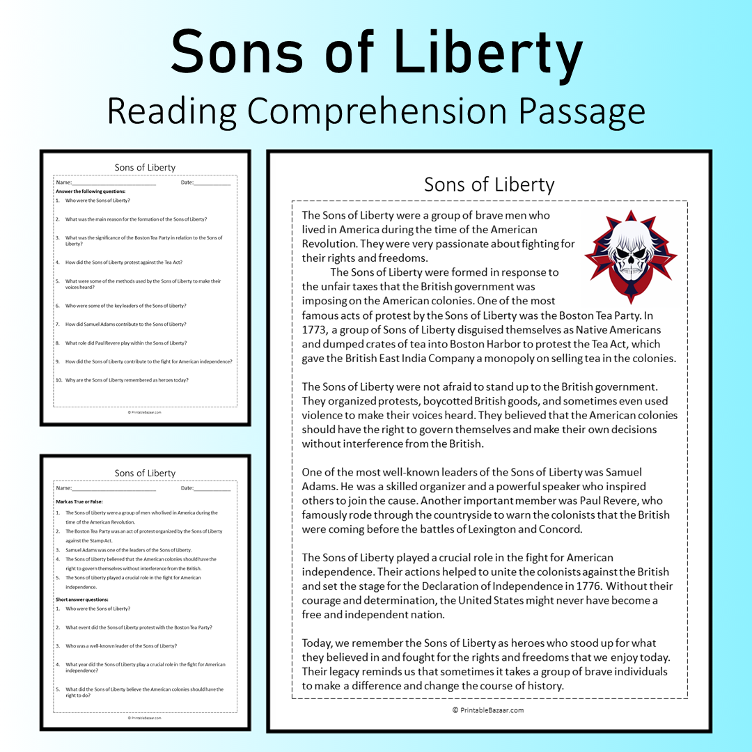 Sons of Liberty | Reading Comprehension Passage Printable Worksheet
