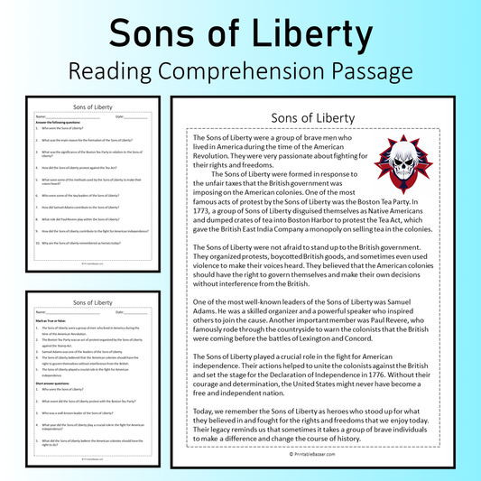 Sons of Liberty | Reading Comprehension Passage Printable Worksheet