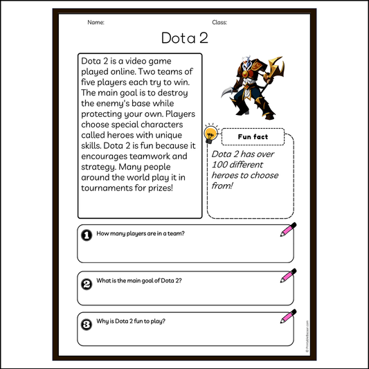 Dota 2 | Reading Passage Comprehension Questions Writing Facts Worksheet