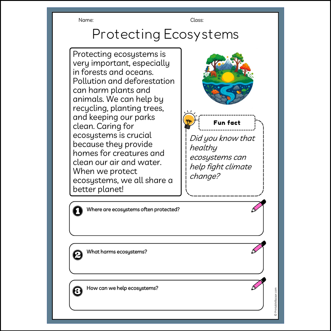 Protecting Ecosystems | Reading Passage Comprehension Questions Writing Facts Worksheet