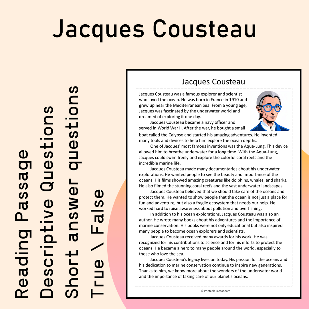Jacques Cousteau | Reading Comprehension Passage Printable Activity
