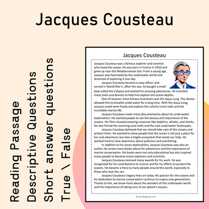 Jacques Cousteau | Reading Comprehension Passage Printable Activity