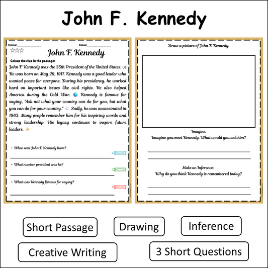 John F. Kennedy | Short Reading Comprehension Creative Worksheet