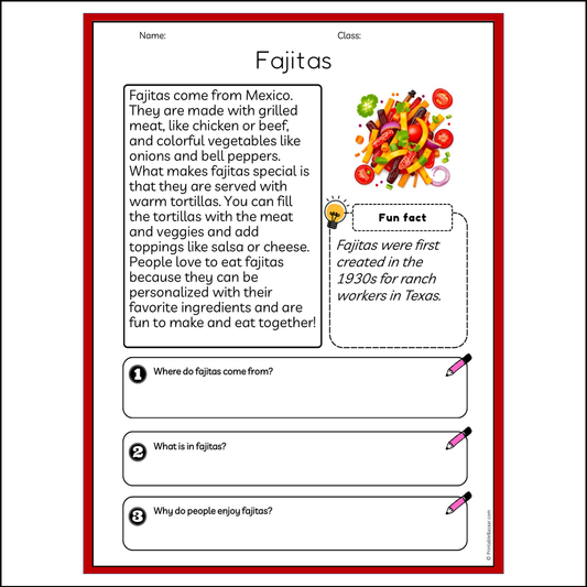 Fajitas | Reading Passage Comprehension Questions Writing Facts Worksheet