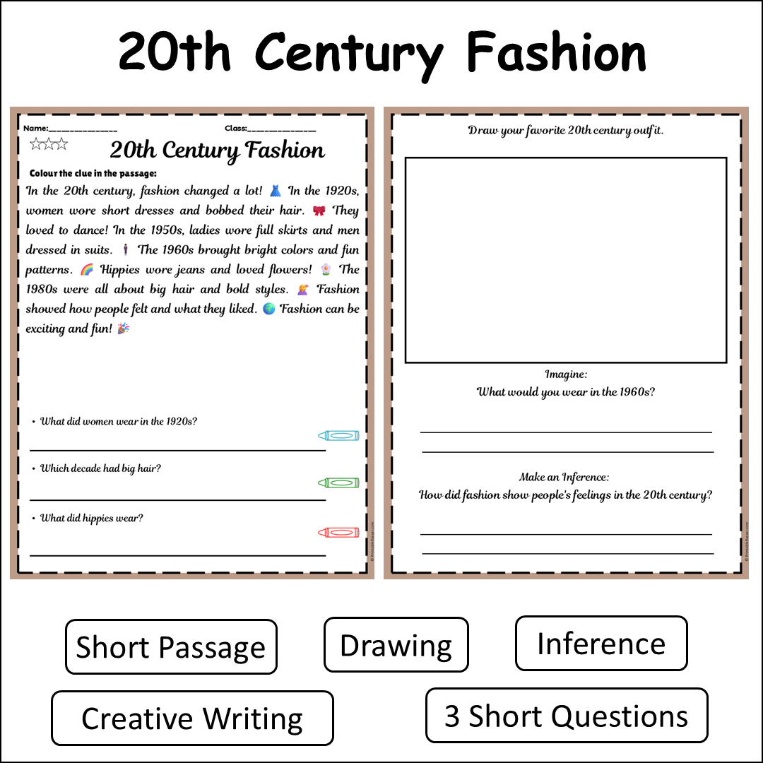 20th Century Fashion | Short Reading Comprehension Creative Worksheet