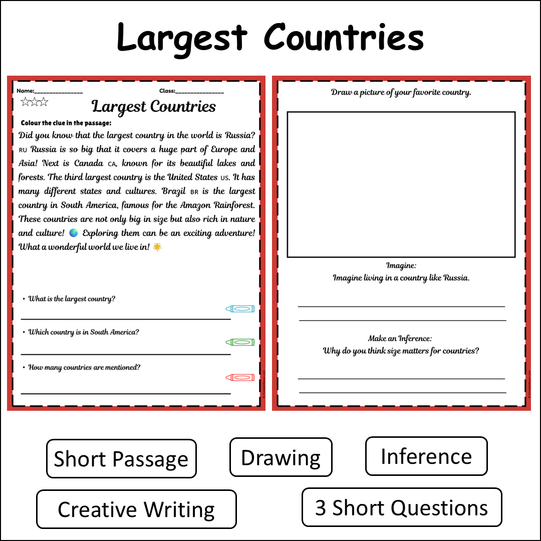 Largest Countries | Short Reading Comprehension Creative Worksheet
