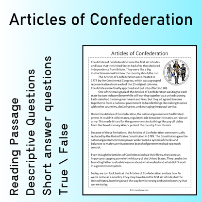 Articles of Confederation | Reading Comprehension Passage Printable Worksheet