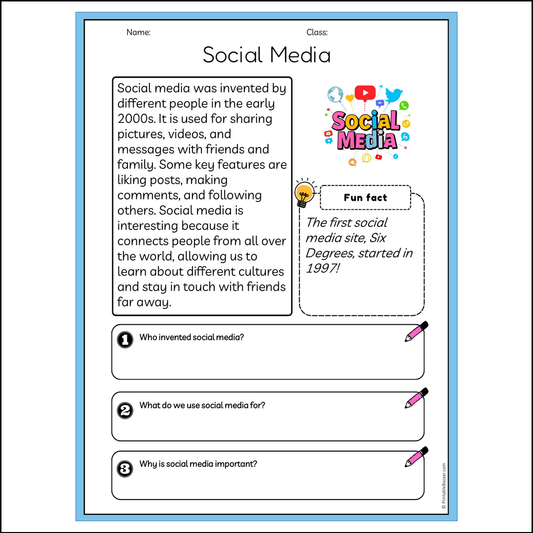 Social Media | Reading Passage Comprehension Questions Writing Facts Worksheet