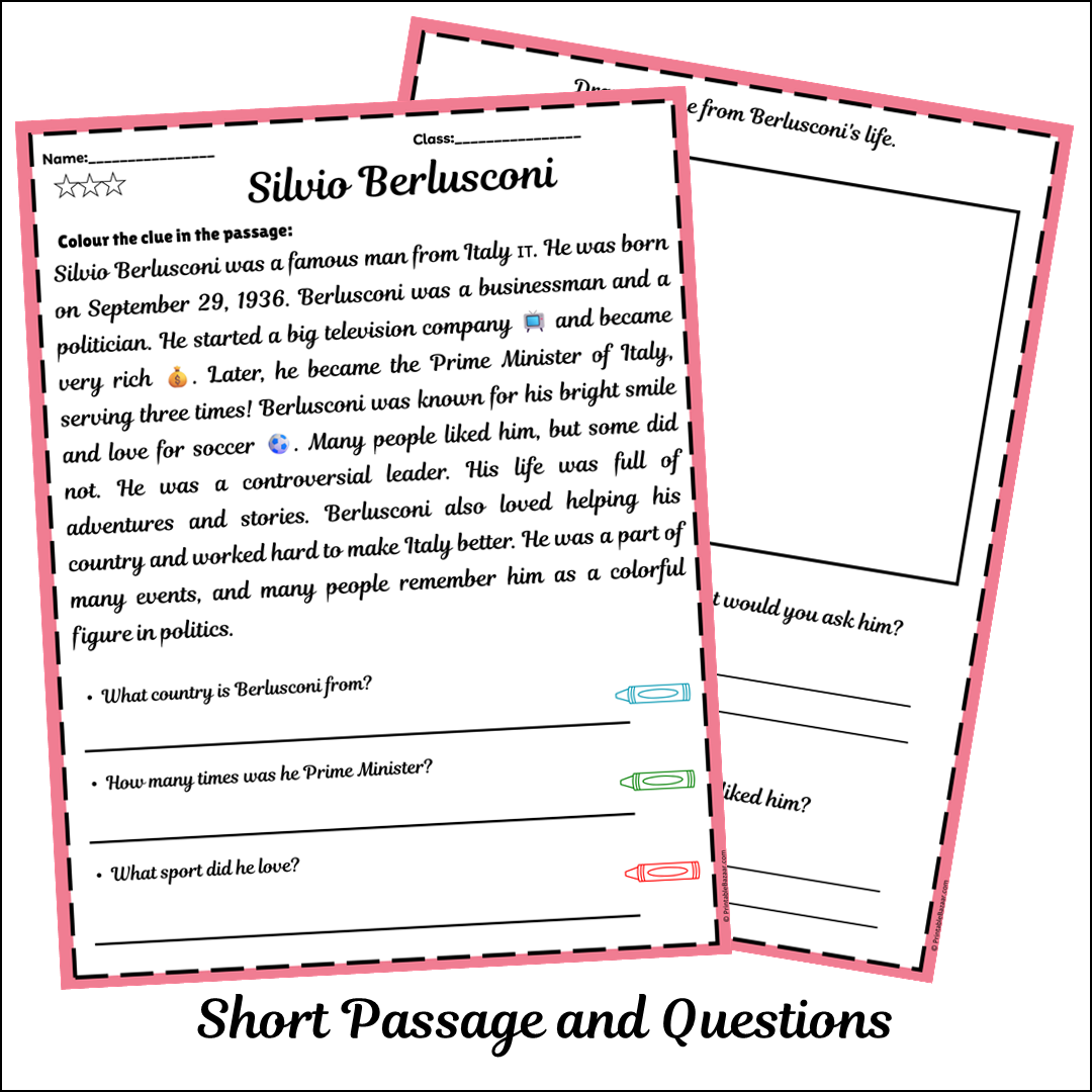 Silvio Berlusconi | Short Reading Comprehension Creative Worksheet