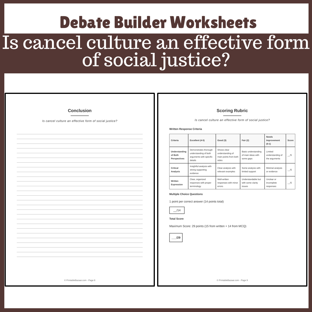 Is cancel culture an effective form of social justice? | Favour and Against Worksheet Printable Activity