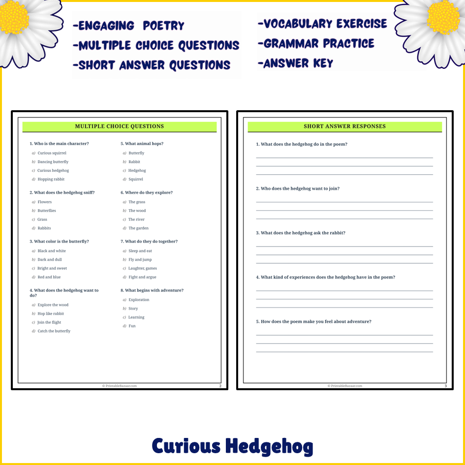 Curious Hedgehog | Poem Grammar Worksheet Printable Activity