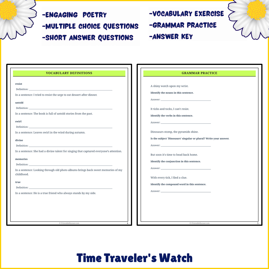 Time Traveler's Watch | Poem Grammar Worksheet Printable Activity