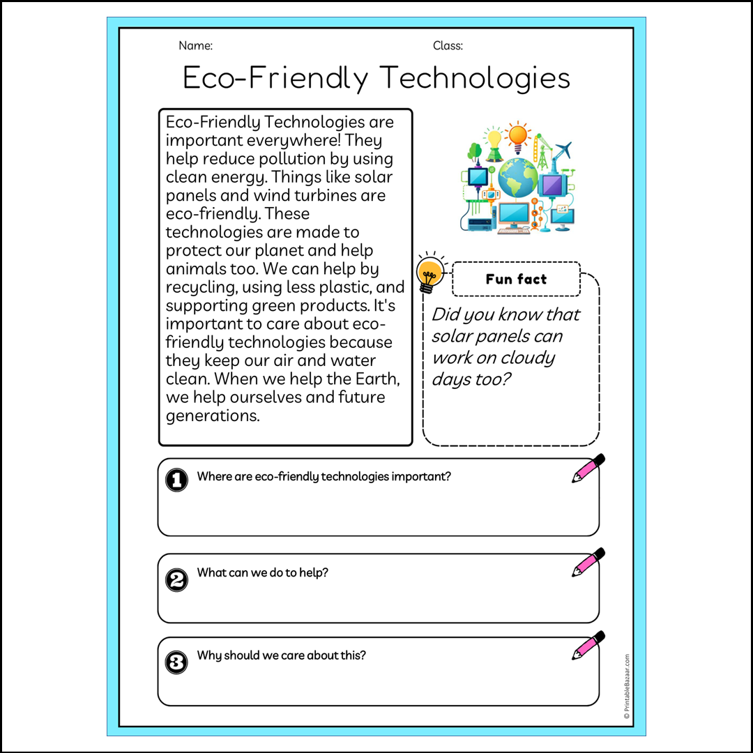 Eco-Friendly Technologies | Reading Passage Comprehension Questions Writing Facts Worksheet