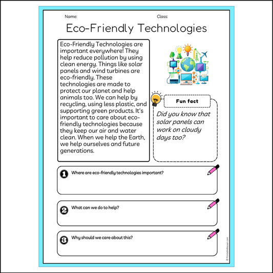 Eco-Friendly Technologies | Reading Passage Comprehension Questions Writing Facts Worksheet