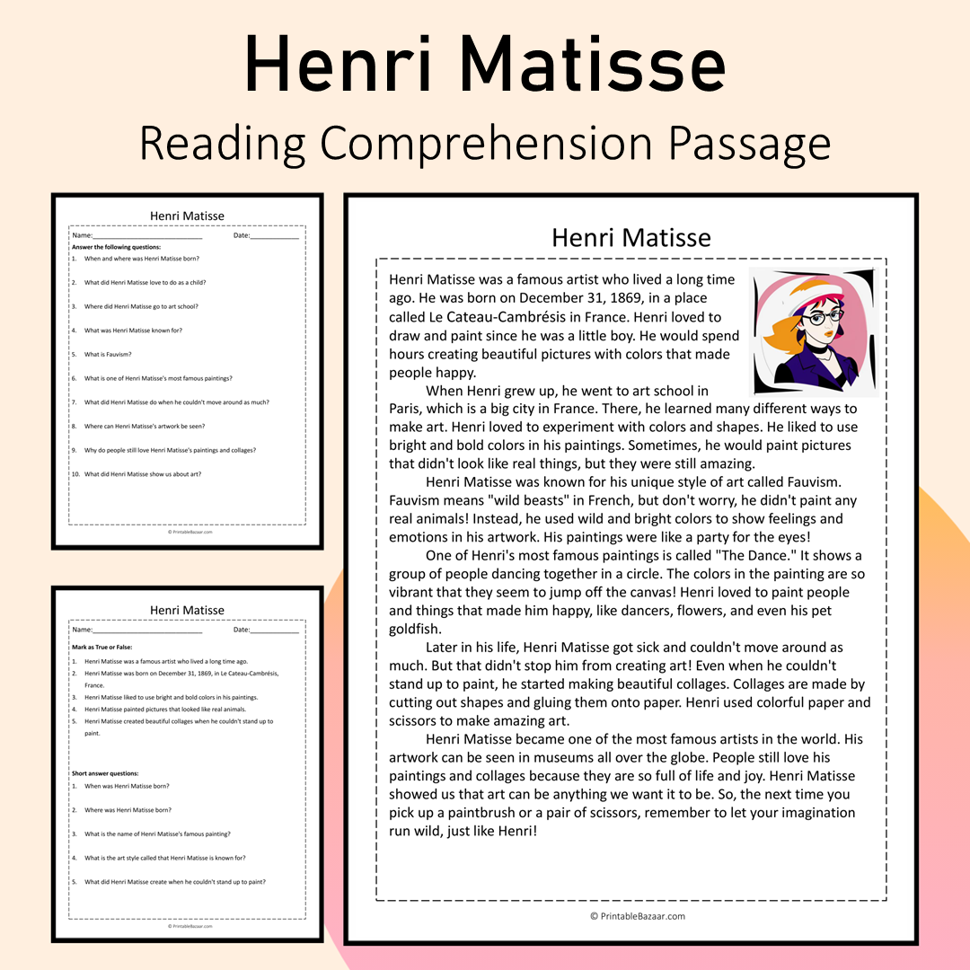 Henri Matisse | Reading Comprehension Passage Printable Activity