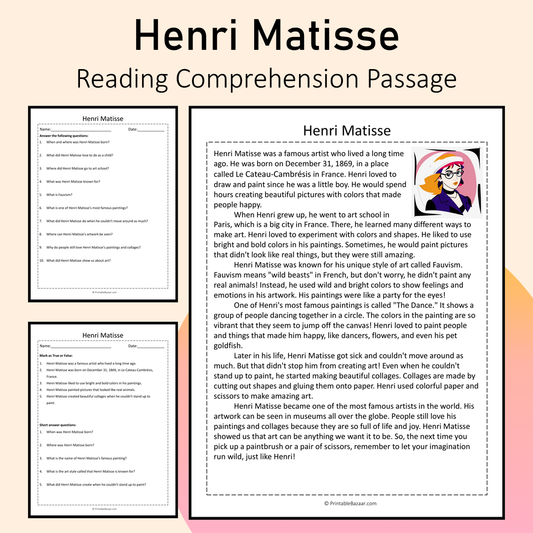 Henri Matisse | Reading Comprehension Passage Printable Activity