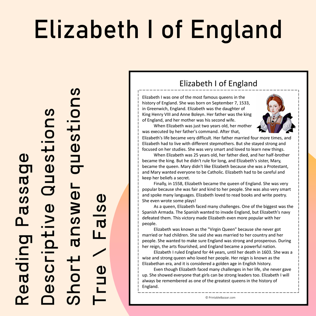 Elizabeth I of England | Reading Comprehension Passage Printable Activity