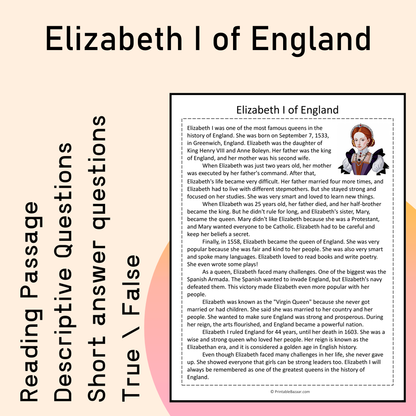 Elizabeth I of England | Reading Comprehension Passage Printable Activity