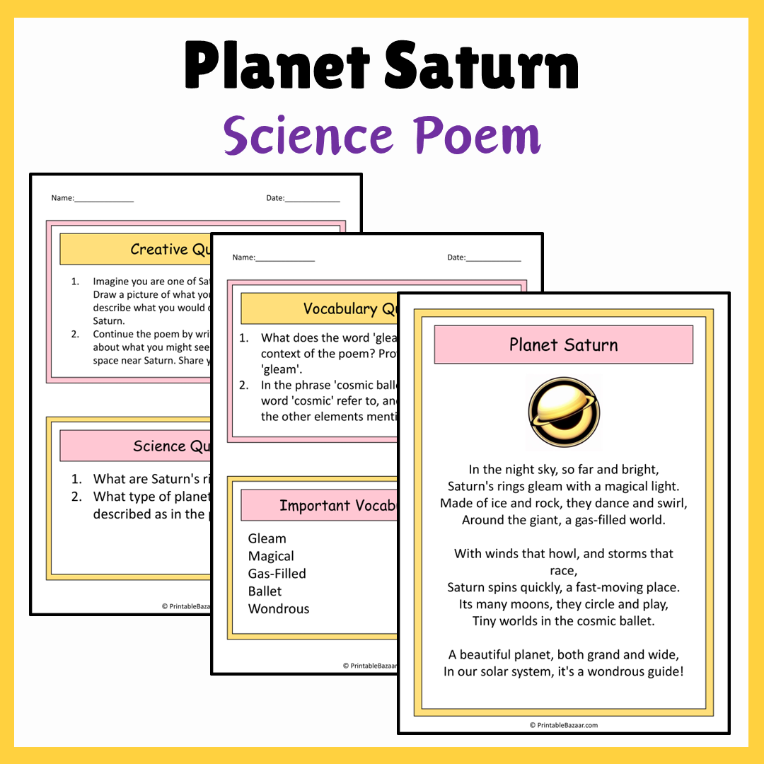 Planet Saturn | Science Poem Reading Comprehension Activity