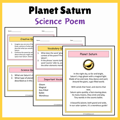 Planet Saturn | Science Poem Reading Comprehension Activity