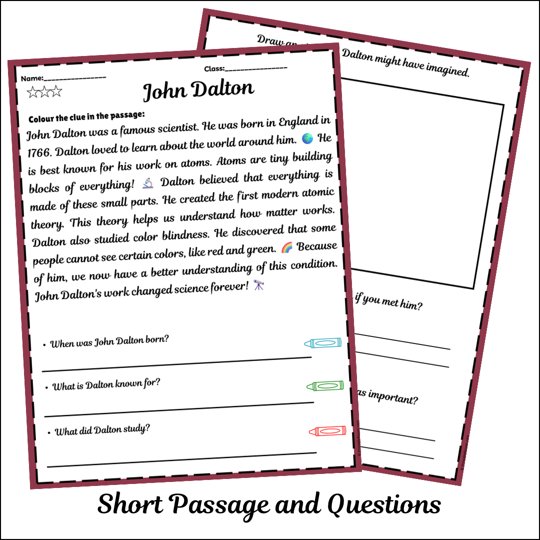 John Dalton | Short Reading Comprehension Creative Worksheet