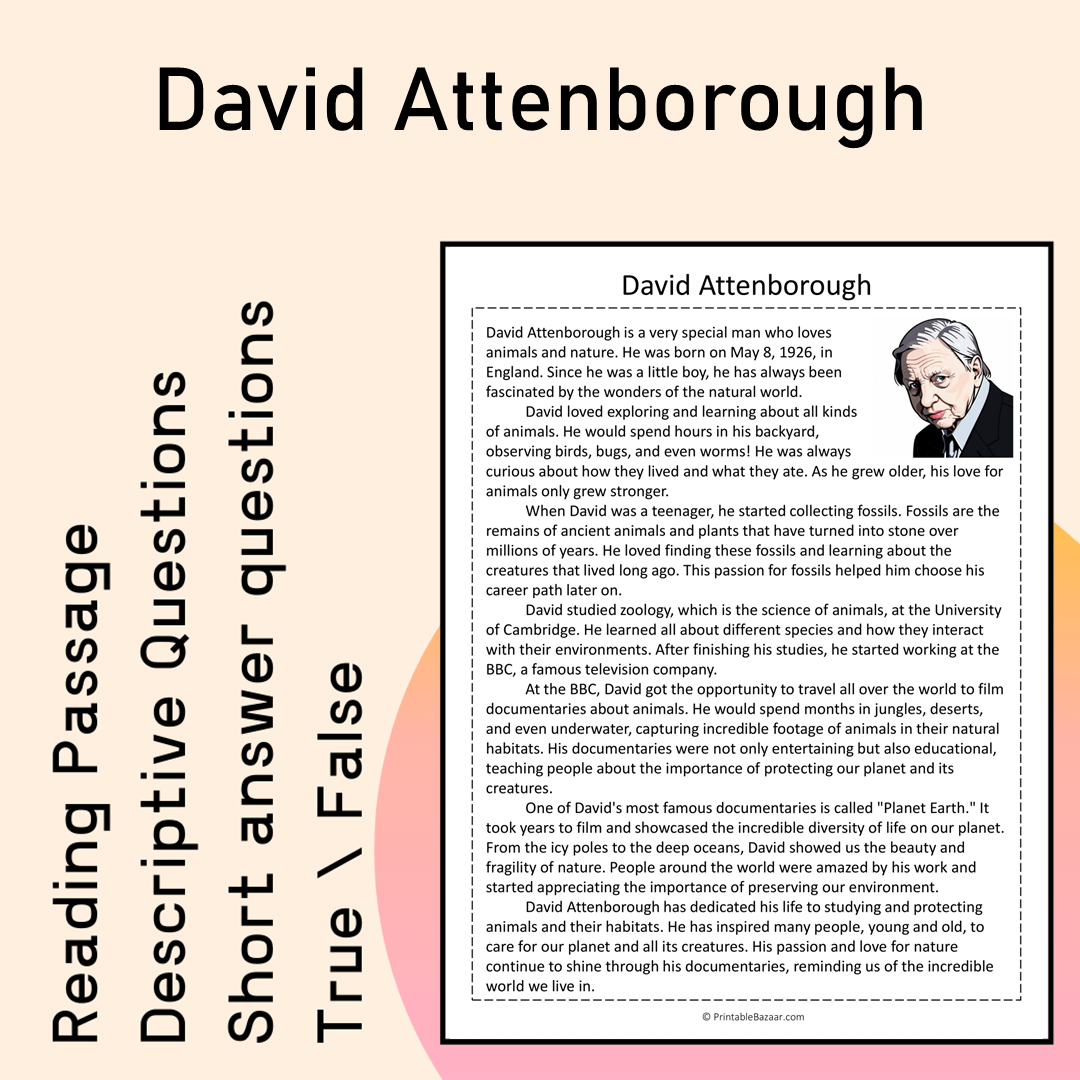 David Attenborough | Reading Comprehension Passage Printable Activity