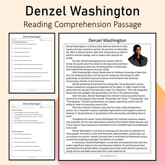 Denzel Washington | Reading Comprehension Passage Printable Activity