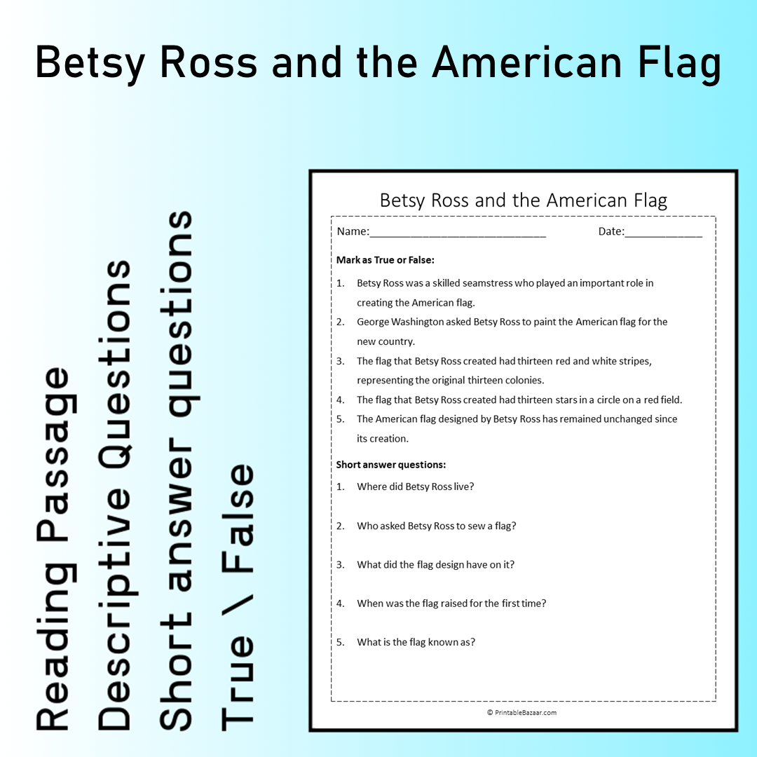 Betsy Ross and the American Flag | Reading Comprehension Passage Printable Worksheet