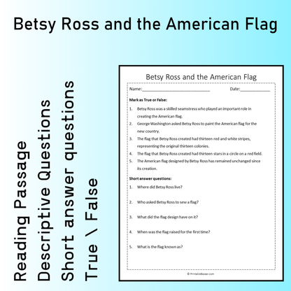Betsy Ross and the American Flag | Reading Comprehension Passage Printable Worksheet